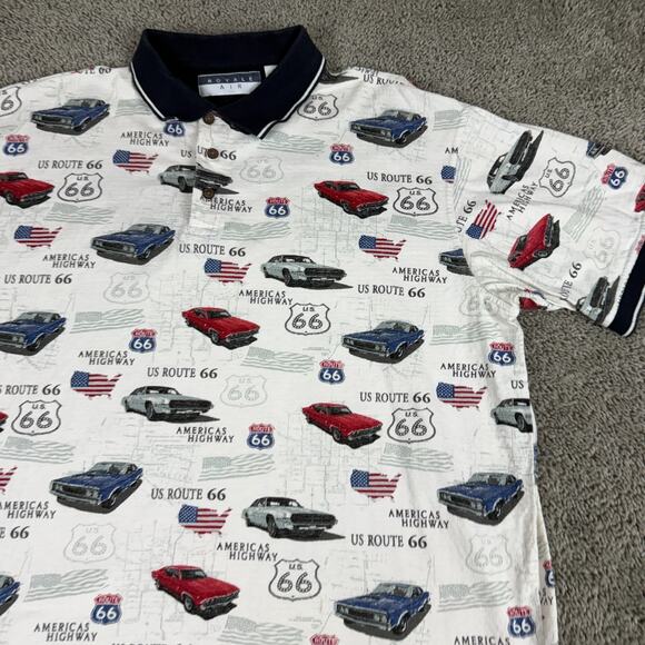 VINTAGE Route 66 Polo Shirt Mens Extra Large White Muscle Car All Over Print - Picture 3 of 10